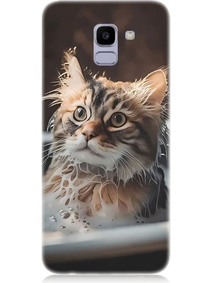 Teknomeg Samsung Galaxy J6 Uyumlu Banyo Yapan Kedi Desenli Silikon Kılıf