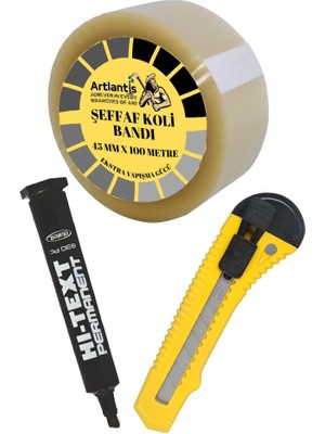 Artlantis Koli Bandı Koli Kalemi ve Maket Bıçağı 1 Paket Koli Bant 100 Metre Şeffaf Kesik Uç Markör Kalem ve Plastik Maket Bıçağı Büyük