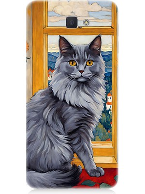 Teknomeg Samsung Galaxy J7 Prime Uyumlu Kül Rengi Tüylü Kedi Desenli Silikon Kılıf