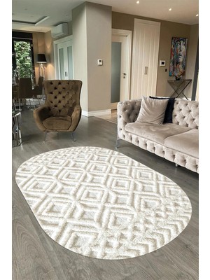 Napoli Home Dijital Baskılı Kaymaz Taban Yıkanabilir Sade Oval Yolluk Mutfak Salon Halısı, N-O-Sade-04-Krem,