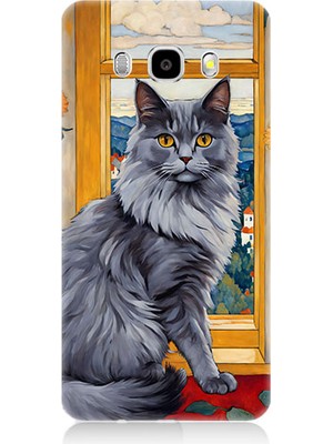 Teknomeg Samsung Galaxy J7 2016 Uyumlu Kül Rengi Tüylü Kedi Desenli Silikon Kılıf