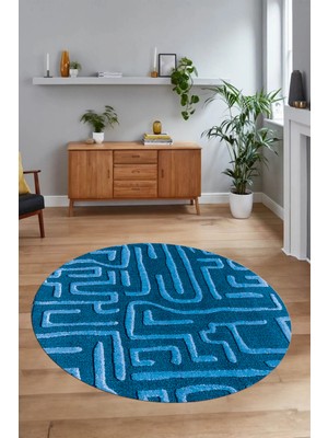 Napoli Home Dijital Baskılı Kaymaz Taban Yıkanabilir Sade Yuvarlak Mutfak Salon Halısı, N-Y-Sade-09-Mavi,