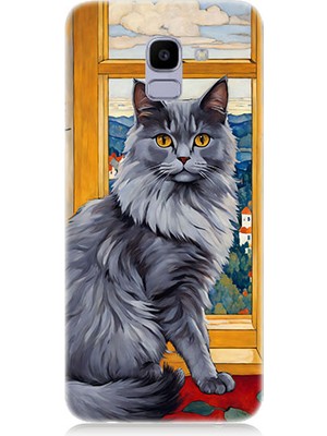 Teknomeg Samsung Galaxy J6 Uyumlu Kül Rengi Tüylü Kedi Desenli Silikon Kılıf