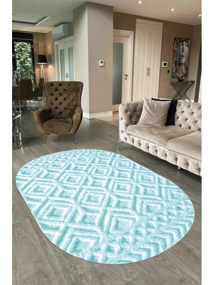 Napoli Home Dijital Baskılı Kaymaz Taban Yıkanabilir Sade Oval Yolluk Mutfak Salon Halısı, N-O-Sade-04-Mavi,