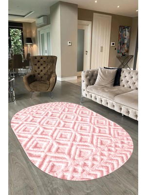 Napoli Home Dijital Baskılı Kaymaz Taban Yıkanabilir Sade Oval Yolluk Mutfak Salon Halısı, N-O-Sade-04-Pembe,