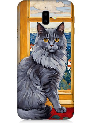 Teknomeg Samsung Galaxy J6 Plus Uyumlu Kül Rengi Tüylü Kedi Desenli Silikon Kılıf