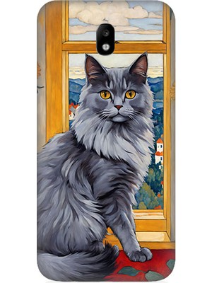 Teknomeg Samsung Galaxy J7 Pro Uyumlu Kül Rengi Tüylü Kedi Desenli Silikon Kılıf