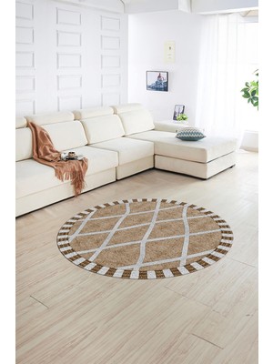 Napoli Home Dijital Baskılı Kaymaz Taban Yıkanabilir Sade Yuvarlak Mutfak Salon Halısı, N-Y-Sade-24-Kahve,