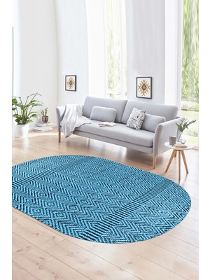 Napoli Home Dijital Baskılı Kaymaz Taban Yıkanabilir Sade Oval Yolluk Mutfak Salon Halısı, N-O-Sade-18-Mavi,