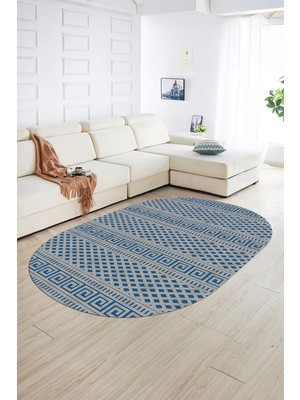 Napoli Home Dijital Baskılı Kaymaz Taban Yıkanabilir Sade Oval Yolluk Mutfak Salon Halısı, N-O-Sade-21-Mavi,
