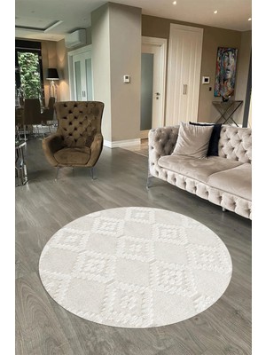 Napoli Home Dijital Baskılı Kaymaz Taban Yıkanabilir Sade Yuvarlak Mutfak Salon Halısı, N-Y-Sade-03-Krem,