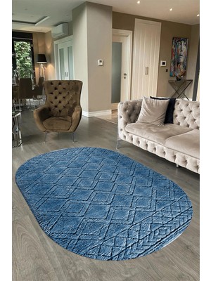 Napoli Home Dijital Baskılı Kaymaz Taban Yıkanabilir Sade Oval Yolluk Mutfak Salon Halısı, N-O-Sade-05-Mavi,