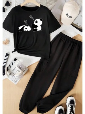 Kids Face Özel Tasarım Hii Pandalar Baskılı %100 Pamuk Kısa Kollu Yazlık Kız Çocuk Eşofman Takımı