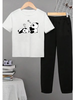 Kids Face Özel Tasarım Hii Pandalar Baskılı %100 Pamuk Kısa Kollu Yazlık Kız Çocuk Eşofman Takımı