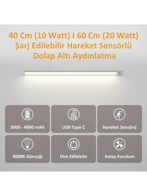 Hareket Sensörlü - Dekoratif Gece Lambası - USB Şarjlı LED Aydınlatma 40 cm Sılver Kasa