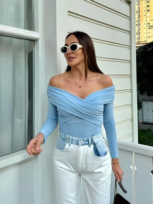 Çınar Butik Yakası Çapraz Likralı Tasarım Marka Model Bluz Mavi - M