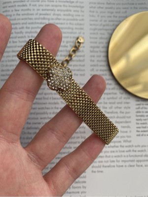 Pinery Jewels Taşlı Yonca Örme Zincir Çelik Kararmaz Gold Bileklik