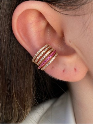 Pinery Jewels 5 Sıra Pembe Zirkon Taşlı Altın Kaplama Kıkırdak Earcuff