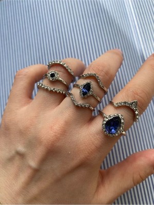 Pinery Jewels Iri Lacivert Taşlı Gümüş Renk Çoklu Yüzük Seti