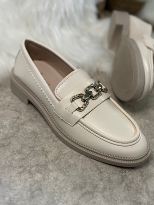 Nstil Günlük Kadın Loafer Makosen Klasik Alçak Topuklu Desenli Taban Zincirli Oval Burunlu Ayakkabı 150