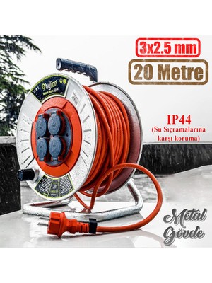 Badem10 Makaralı Seyyar Kablo Kapaklı 4 Prizli Metal Uzatma Kablosu 3x2.5 mm CCA Kablo 20 Metre