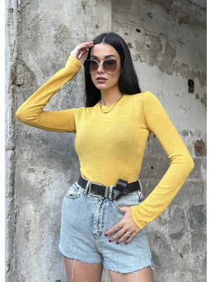 Minaaise Sarı Bisiklet Yaka Basic Uzun Kollu Slimfit Simli Body 26267