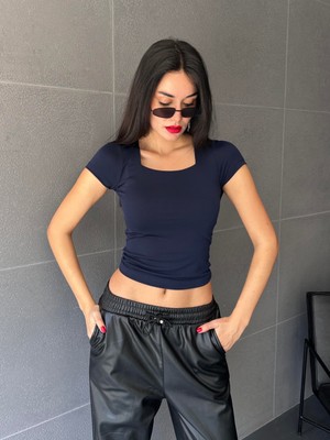 Minaaise Lacivert Kare Yaka Kısa Kollu Slimfit Basic Body 27174