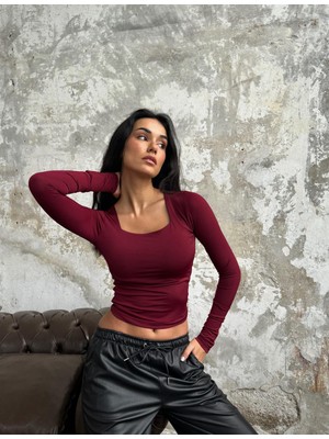 Minaaise Bordo Kare Yaka Uzun Kollu Slimfit Basic Body 27053