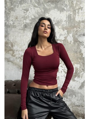 Minaaise Bordo Kare Yaka Uzun Kollu Slimfit Basic Body 27053