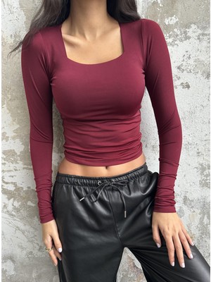 Minaaise Bordo Kare Yaka Uzun Kollu Slimfit Basic Body 27053