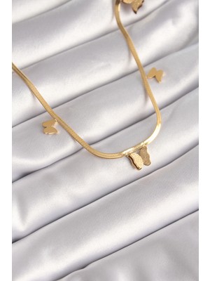 Clariss 316L Çelik Gold Renk Italyan Zincir Simli Kelebek Figür Kadın Kolye