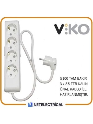 Viko Multi-Let 4'lü 2 Metre Topraklı Çocuk K. Grup Priz (3x2.5 Ttr Tam Bakır Kalın Kablolu)