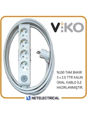 Viko Multi-Let 4'lü 15 Metre Anahtarlı Topraklı Çocuk Korumalı Kablolu Grup Priz (3x2.5 Ttr Tam Bakır Kalın Kablolu)