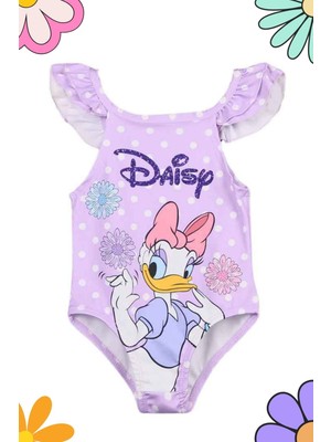 Beniizle Daisy Duck Desenli Omuz Fırfır Detaylı Kız Çocuk Mayo