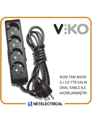 Viko Multi-Let Siyah 4'lü 6 Metre Topraklı Çocuk Korumalı Kablolu Grup Priz (3x2.5 Ttr Tam Bakır Kalın Kablolu