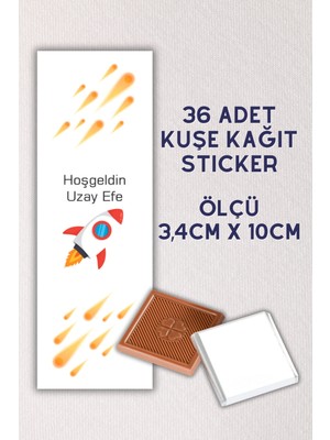 Netsan Etiket Özel İsimli Erkek Bebek Uzay Temalı 36 Adet Madlen Çikolata Etiketi Yapışkanlı 3,4 x 10CM Kuşe Sticker