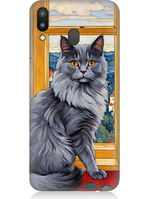 Teknomeg Samsung Galaxy M20 Uyumlu Kül Rengi Tüylü Kedi Desenli Silikon Kılıf