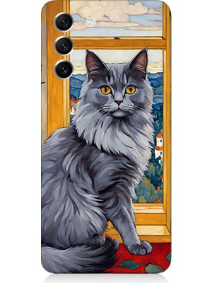 Teknomeg Samsung Galaxy S21 Fe Uyumlu Kül Rengi Tüylü Kedi Desenli Silikon Kılıf