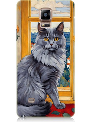 Teknomeg Samsung Galaxy Note 4 Uyumlu Kül Rengi Tüylü Kedi Desenli Silikon Kılıf