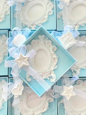 Candu Things Tifan 14 Adet Beyaz Beton Çerçeve Turkuaz Mavi Kutulu Doğum Hediyeliği Mevlüt Hediyeliği Nişan Hediyelik Düğün Hediyesi Kına Nikah Sünnet Hediyeliği Bebek Hastane Odası