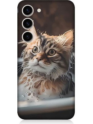 Teknomeg Samsung Galaxy S23 Uyumlu Banyo Yapan Kedi Desenli Silikon Kılıf