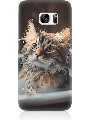 Teknomeg Samsung Galaxy S7 Edge Uyumlu Banyo Yapan Kedi Desenli Silikon Kılıf