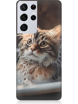 Teknomeg Samsung Galaxy S21 Ultra Uyumlu Banyo Yapan Kedi Desenli Silikon Kılıf