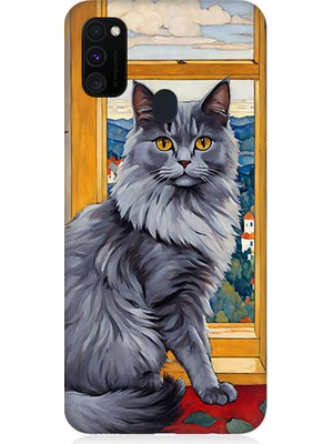 Teknomeg Samsung Galaxy M30S Uyumlu Kül Rengi Tüylü Kedi Desenli Silikon Kılıf