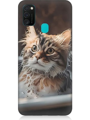 Teknomeg Samsung Galaxy M21 Uyumlu Banyo Yapan Kedi Desenli Silikon Kılıf