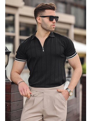Madmext Erkek Siyah Polo Yaka Fermuarlı Tişört 6876