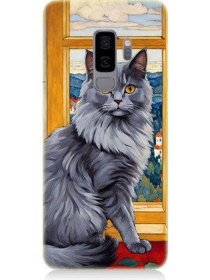 Teknomeg Samsung Galaxy S9 Plus Uyumlu Kül Rengi Tüylü Kedi Desenli Silikon Kılıf