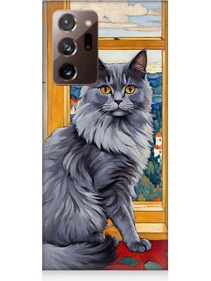 Teknomeg Samsung Galaxy Note 20 Ultra Uyumlu Kül Rengi Tüylü Kedi Desenli Silikon Kılıf