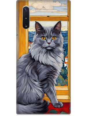Teknomeg Samsung Galaxy Note 10 Uyumlu Kül Rengi Tüylü Kedi Desenli Silikon Kılıf