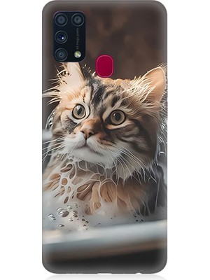 Teknomeg Samsung Galaxy M31 Uyumlu Banyo Yapan Kedi Desenli Silikon Kılıf